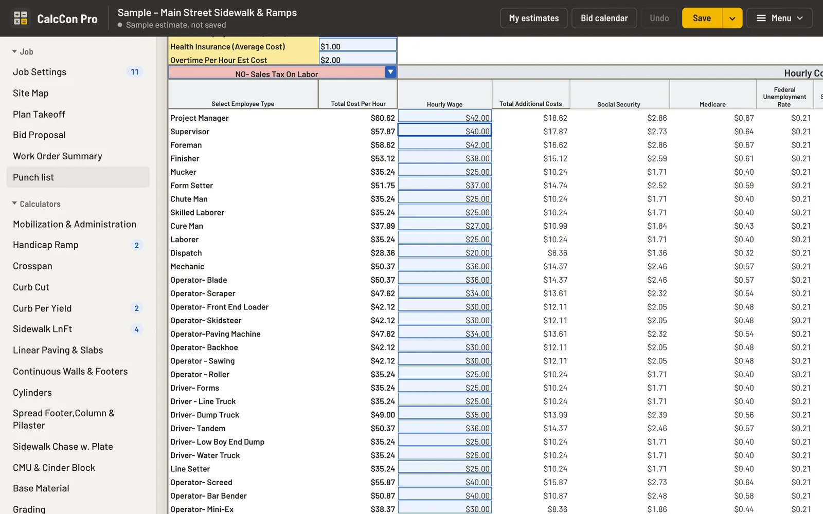 Cost Settings: hourly wage and total cost per hour for each kind of worker